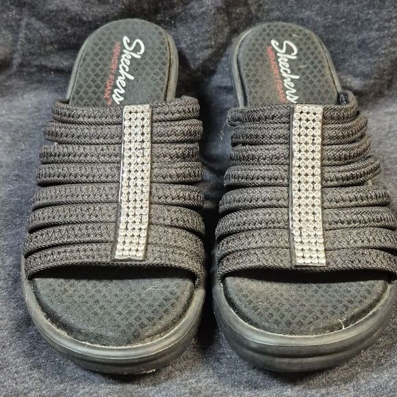 Skechers Women's 7 Black Sparkle Wedge Sandal - New - Picture 2 of 8